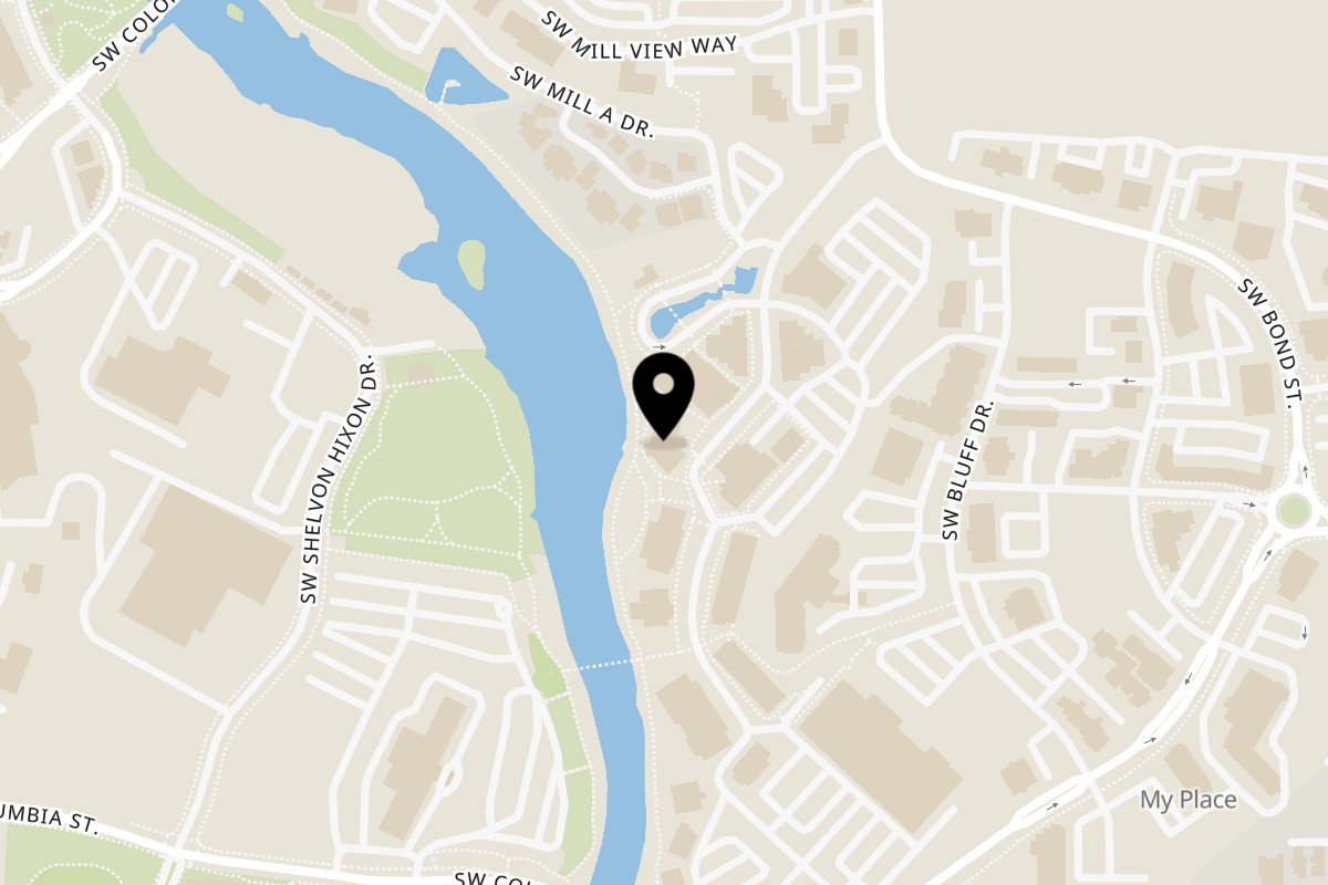 Map showing the location of Greg's Grill on 395 SW Powerhouse Dr in Bend